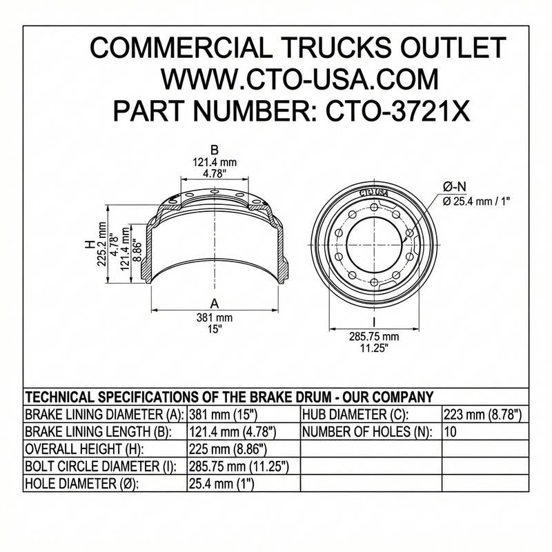 CTO-3721X BRAKE DRUM (FRONT, 15.00" X 4")