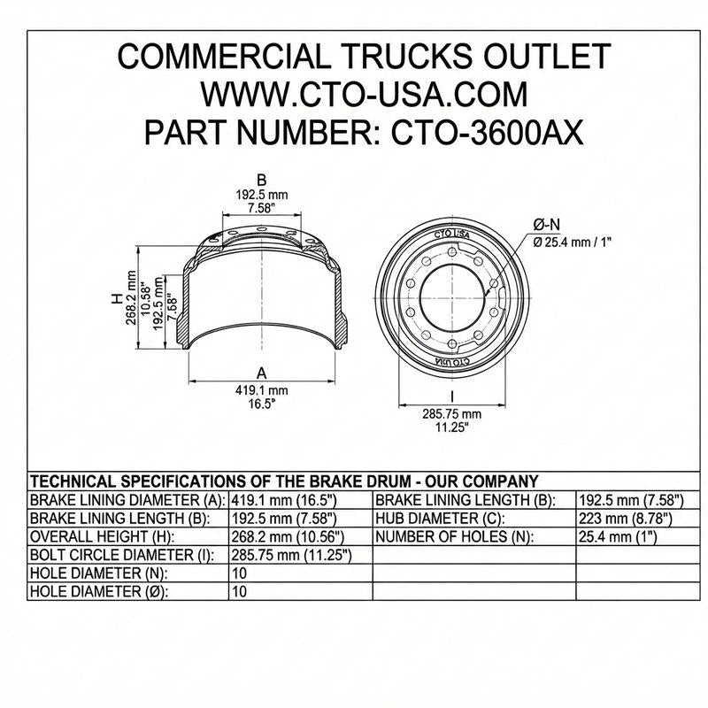 CTO-3600AX BRAKE DRUM (REAR, 16.50" X 7")