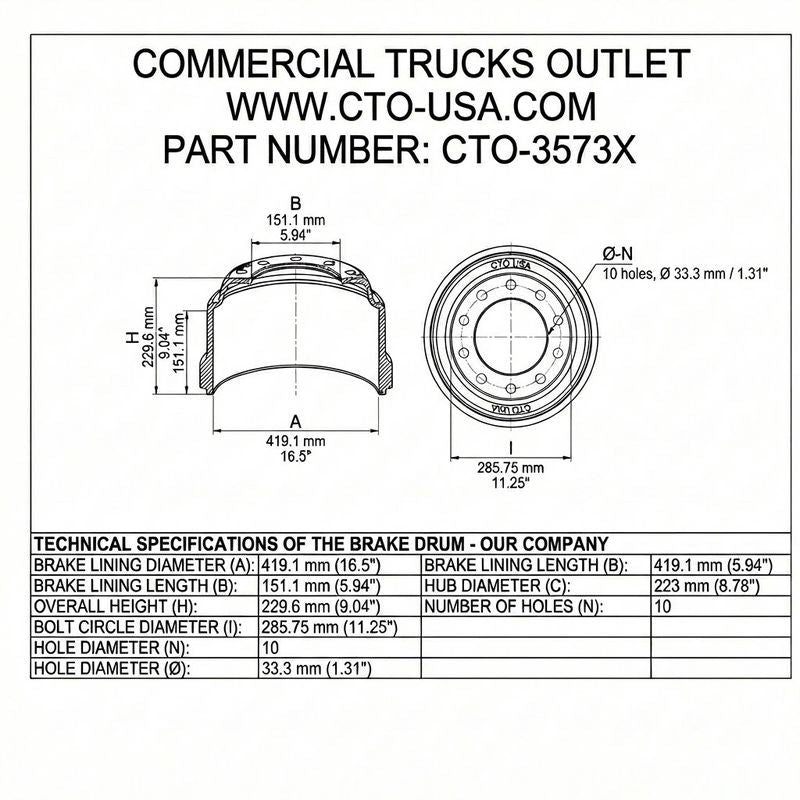 CTO-3573X BRAKE DRUM (FRONT, 16.50" X 5")