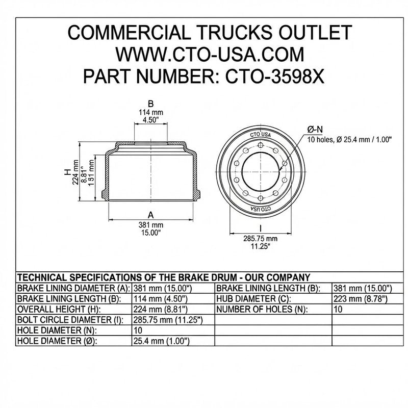 CTO-3598X BRAKE DRUM (FRONT, 16.50" X 5")