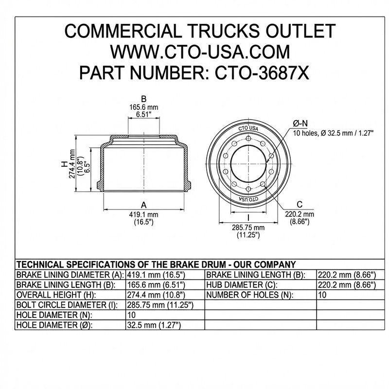CTO-3687X BRAKE DRUM (FRONT, 16.50" X 6")