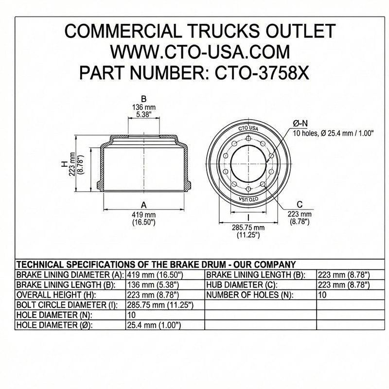 CTO-3758X BRAKE DRUM (FRONT, 16.50" X 5")